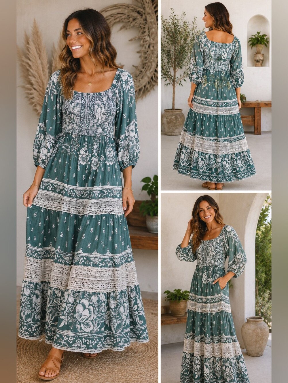 Angie Large Green Floral Boho Maxi Dress Smocked Lace Detail NWT